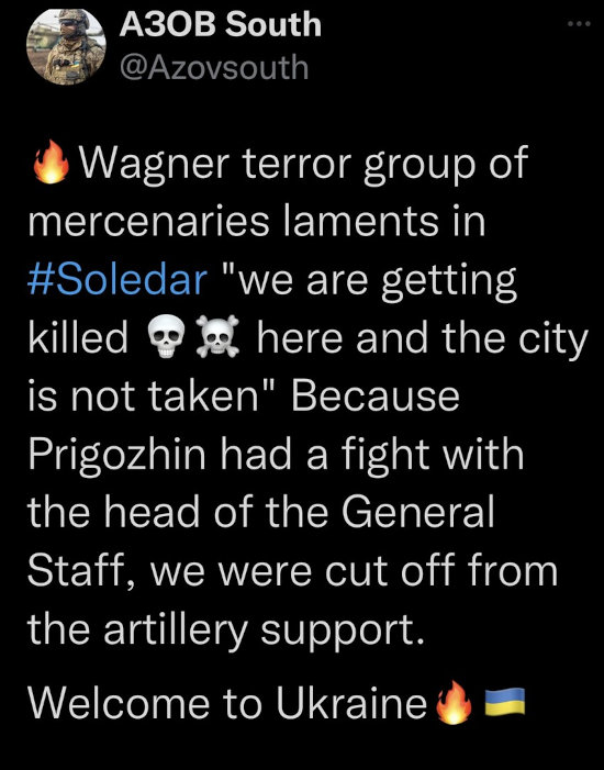Wagner group of mercenaries laments in Soledar 'we are getting killed here and the city is not taken' Because Prigozhin had a fight with the head of the General Staff, we were cut off from the artillery support. Welcome to Ukraine