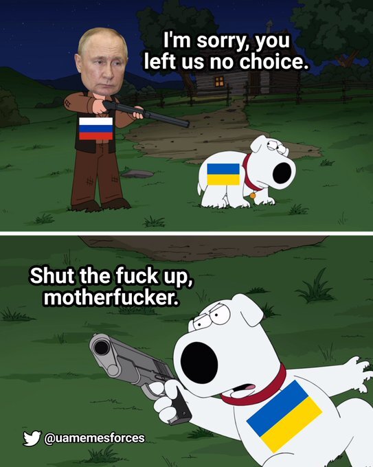 Putin points rifle at Brian, 'I'm sorry, you left us no choice.' Brian points pistol at Putin, 'Shut the fuck up, motherfucker.'