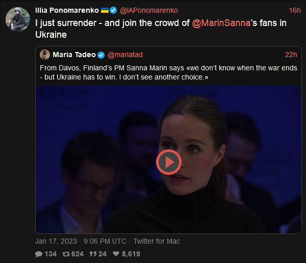 Sanna Marin says 'We don't know when the war ends, but Ukraine has to win. I don't see another choice.'