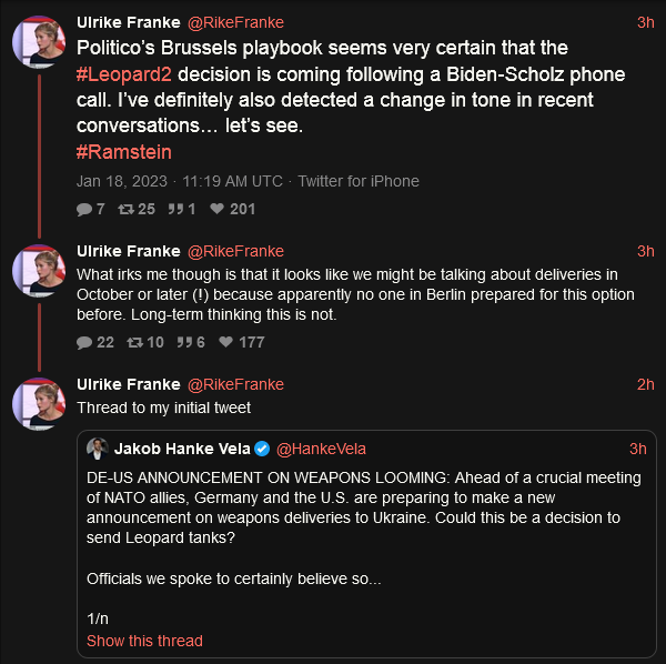 Ulrike Franke things that Leopard 2 tanks may be showing up after a Biden-Scholz phone call