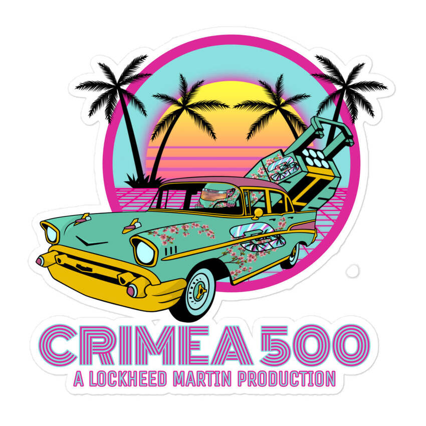 stylized 1950s car with HIMARS launcher in back