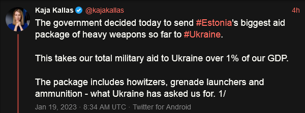 Estonia has sent 1% of its GDP to Ukraine as aid.