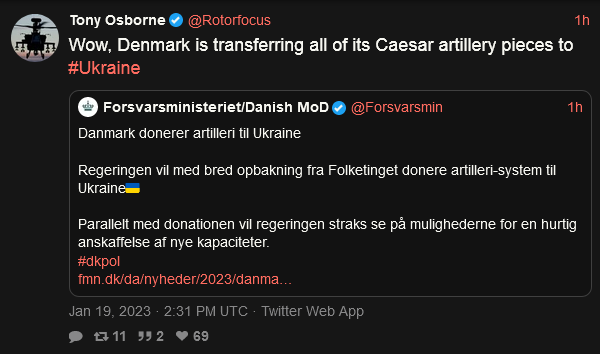Denmark gives Ukraine all of its Caesar self-propelled guns.