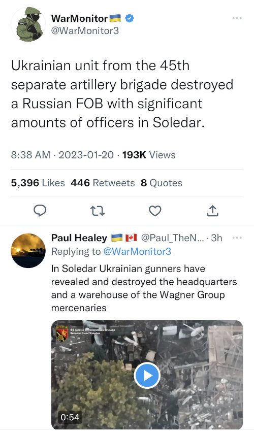 Ukrainian unit destroyed a Russian base with significant amounts of officers in Soledar.