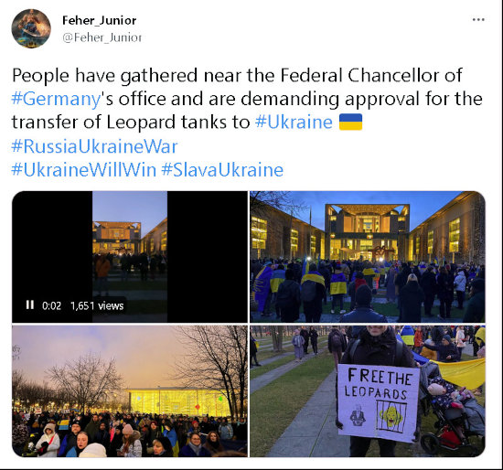People in Germany demonstrating near the Chancellor's office, demanding Leopard tanks for Ukraine.