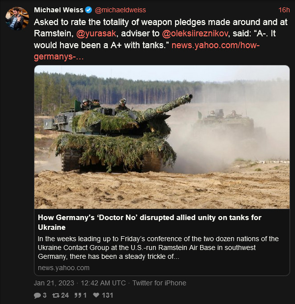 @yurasak said that the pledges of weapons for Ukraine were A-, if they had included tanks, they would've been A+.