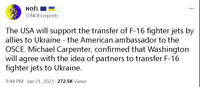 USA wants to allow allies to transfer F-16s to Ukraine.