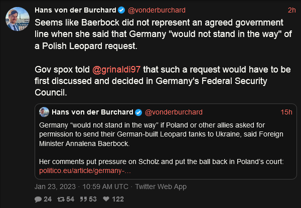 Baerbock did not represent an agreed government line when she said that Germany 'Would not stand in the way' of a Polish Leopard request.