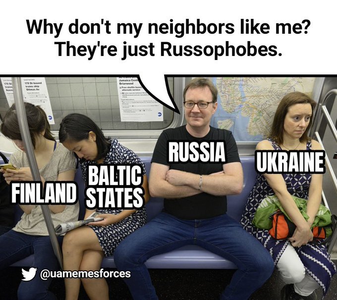 Russian manspreading on a subway while he thinks 'Why are Finland, Baltic states, and Ukraine Russophobic?
