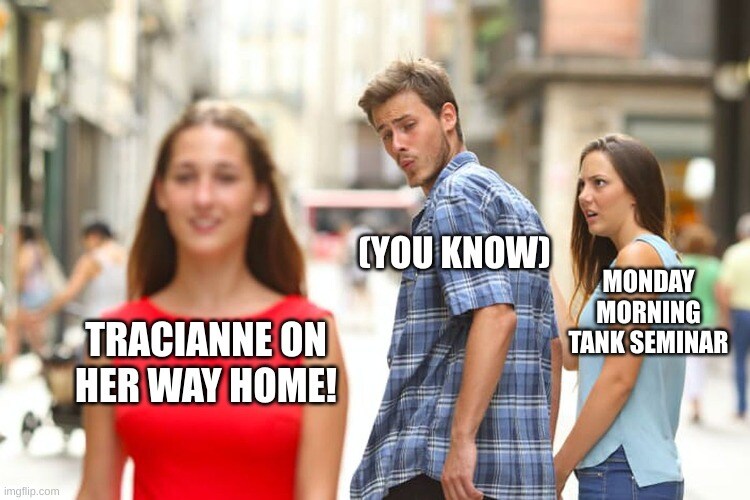 distracted boyfriend looking at Tracianne on her way home instead of monday morning tank seminar