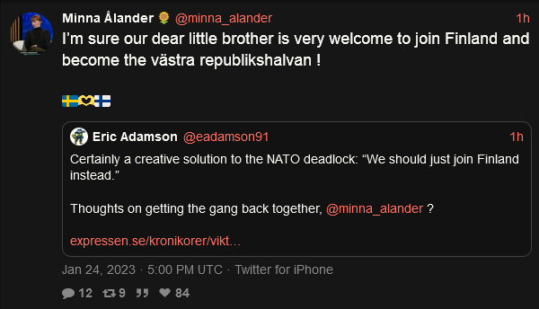 Creative solution to the NATO deadlock: Sweden just becomes part of Finland.  Minna Alander: I'm sure our dear little brother is very welcome to join Finland and become the vastra republikshaivan!
