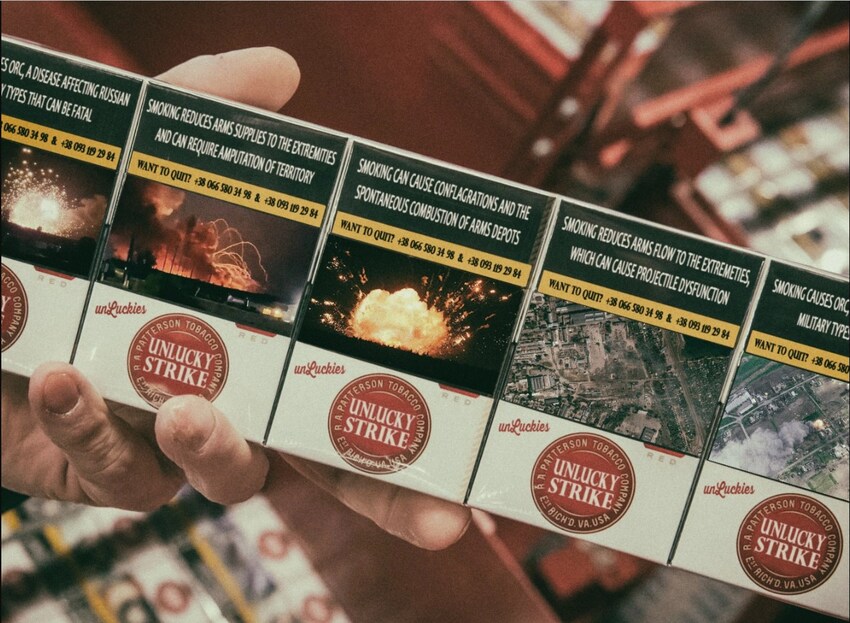 cigarette packs where instead of warning about lung cancer, they warn of damage to Russian industry and arms supplies.