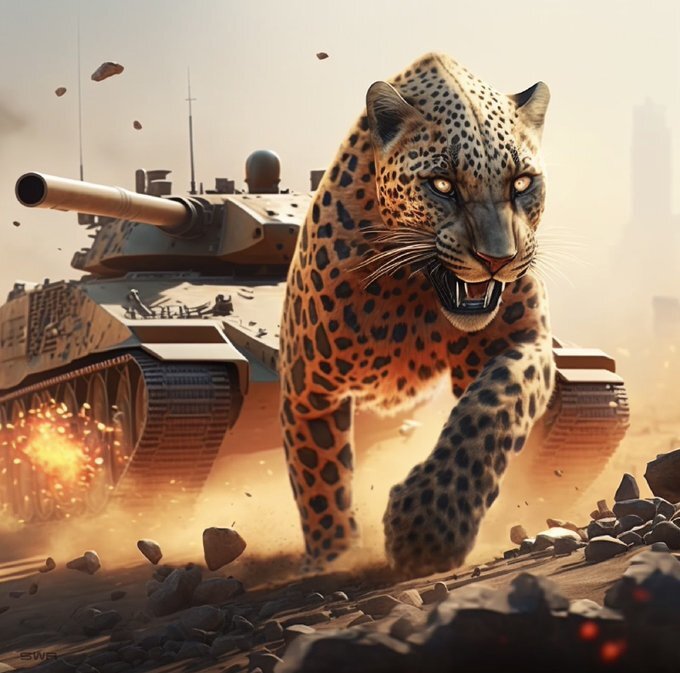 a leopard running ahead of a Leopard tank