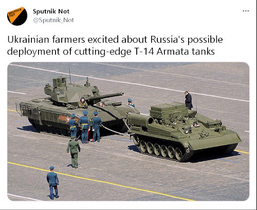 T-14 being towed, caption 'Ukrainian farmers excited about Russia's possible deployment of cutting-edge T-14 Armata tanks'