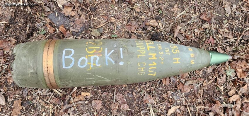 Artillery shell labeled BONK! by signmyrocket.com