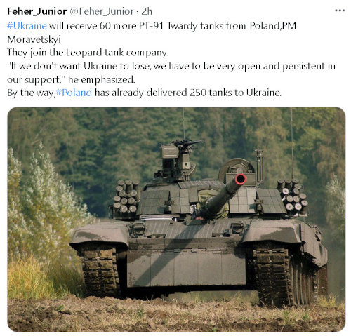 Poland is sending 60 more PT-91 Twardy tanks, and Poland has already delivered 250 tanks to Ukraine.