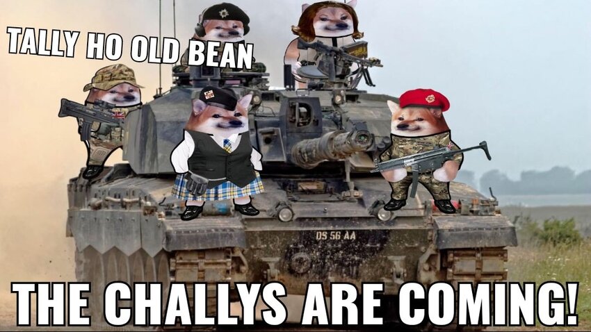 Fellas in tank say, 'Tally ho, old bean, the Challys are coming!'