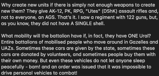 A tweet about the shortages of equipment (shells, rifles, vehicles...) that mobilized Russian units are now facing.