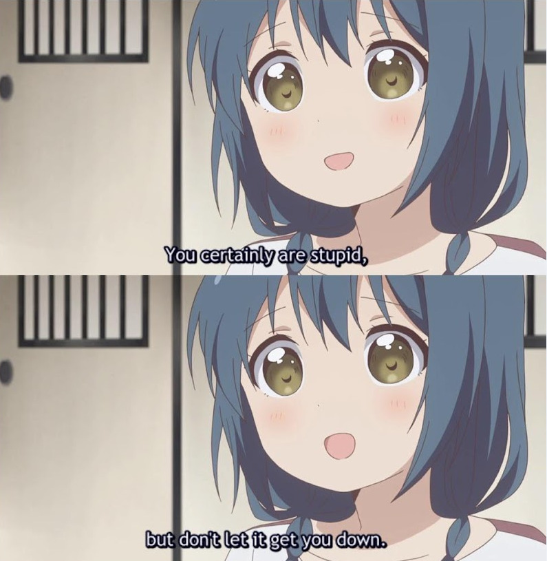 Anime girl saying, 'You certainly are stupid, but don't let it get you down.'