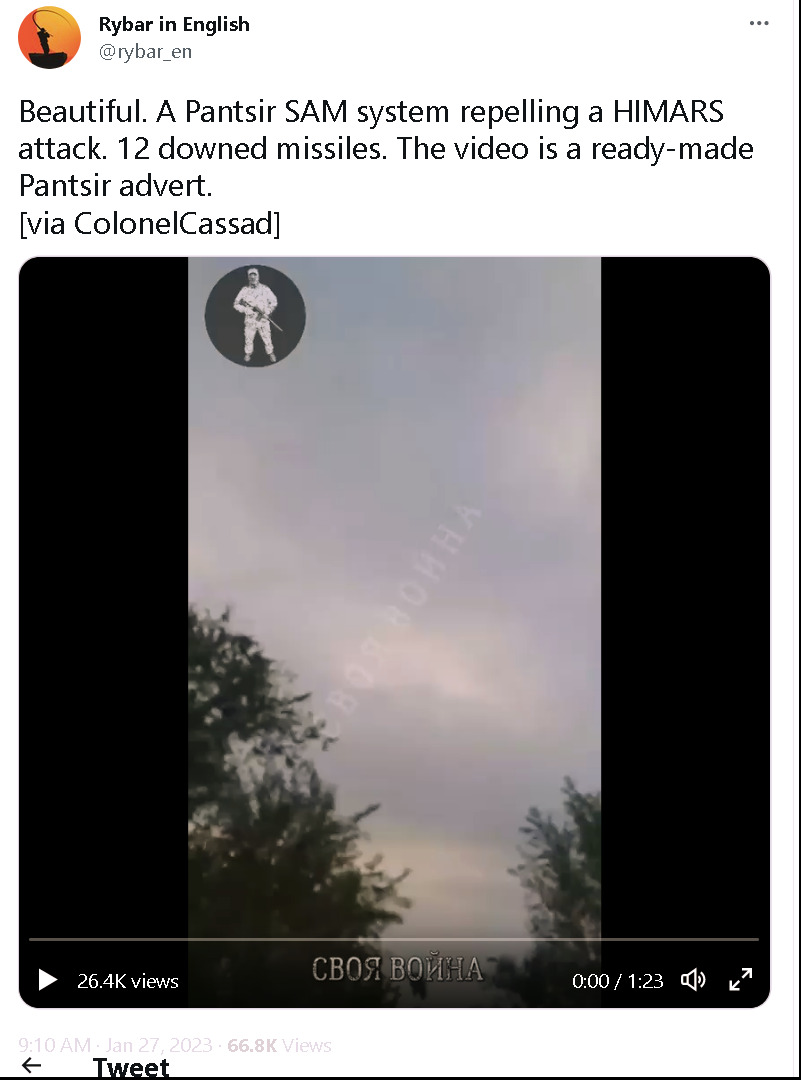 A Pantsir SAM system repelling a HIMARS attack, 12 downed missiles.  Sure, Jan.