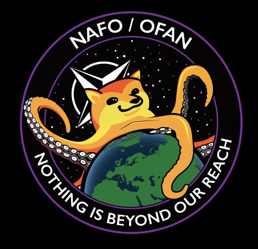 A parody of the NROL-39 patch that showed an octopus encircling the globe. This one has a doge instead of an octopus and is captioned 'NAFO/OFAN: Nothing is beyond our reach.'