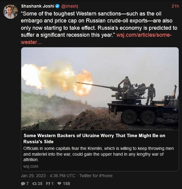 Tweet about how the sanctions are taking effect and how Russia's economy is predicted to have a dignificant recession this year.