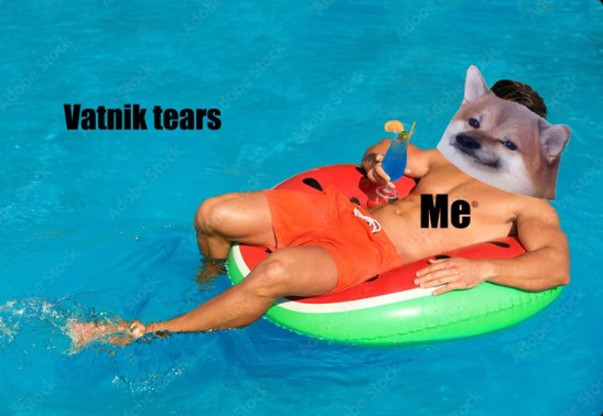 Fella kicking back on inner tube with drink, relaxed in a pool of vatnik tears.