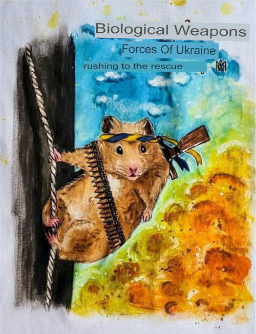 Hamster with bandolier and rifle descending a cliff on a rope, captioned 'Biological weapons, Forces of Ukraine, rushing to the rescue.