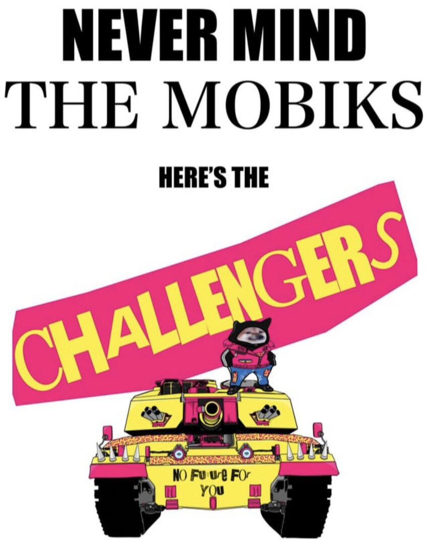 Never mind the mobiks, here's the Challengers. Fellas in a car complete the parody.