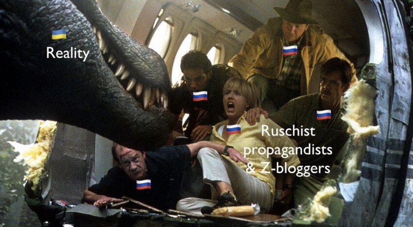 A dinosaur labeled 'Reality' menaces people labeled 'Russist propagandists and Z-bloggers'.