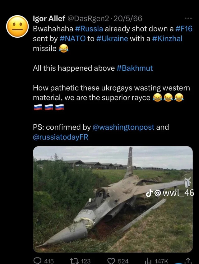 Tweet claiming that Russia shot down an F-16 above Bakhmut. In reality, the picture is of a Thai Air Force F-16 that fell off the runway in Korat on 2015-06-25.