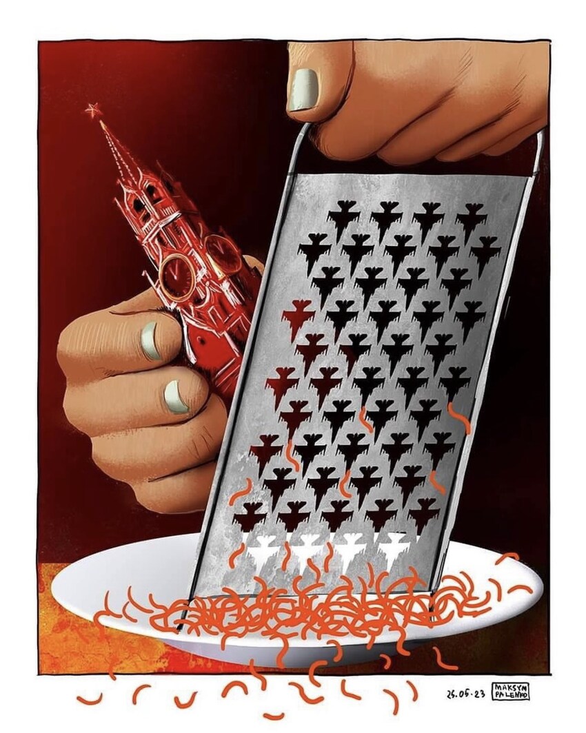 A cheese grater with holes shaped like F-16s is grating the Kremlin.
