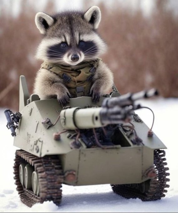 Raccoon driving a tank.