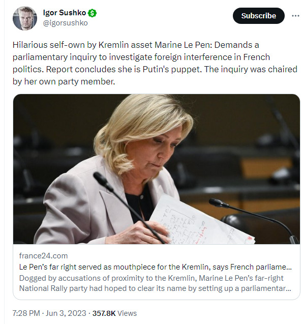 Hilarious self-own by Kremlin asset Marine Le Pen: Demands a parliamentary inquiry to investigate foreign interference in French politics. Report concludes she is Putin's puppet. The inquiry was chaired by her own party member.
