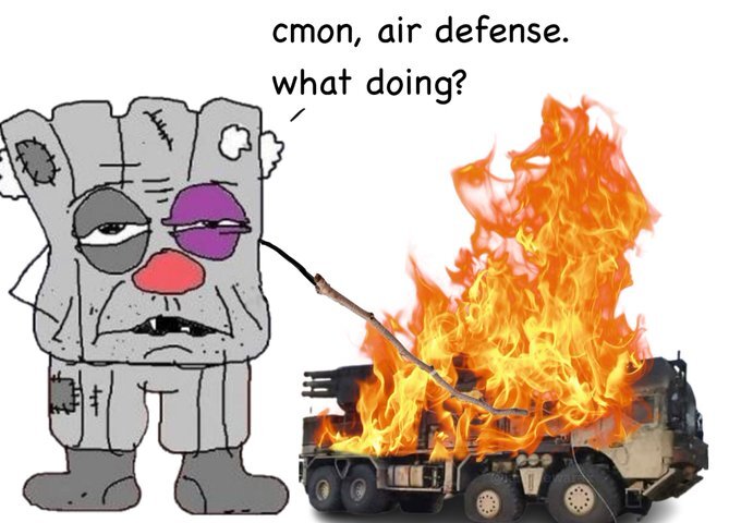 A cartoon vatnik pokes a burning Russian anti-aircraft gun, saying, 'C'mon, air defense. What doing?'