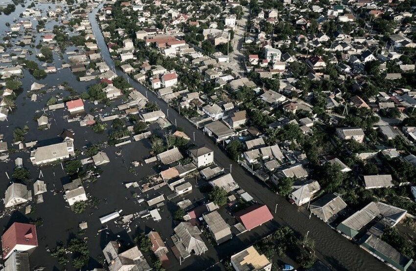 Overhead shot of flooded houses in Kherson.