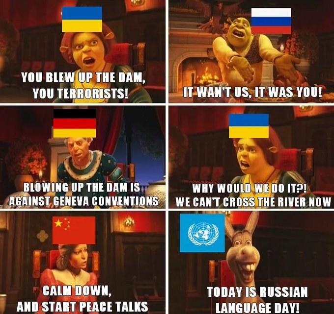Shrek 2: Fiona (Ukraine): You blew up the dam, you terrorists! Shrek (Russia): It wan't us, it was you! Fiona's father (Germany): Blowing up the dam is against Geneva conventions. Fiona: Why would we do it? We can't cross the river now. Fiona's mother (China): Calm down and start peace talks. Donkey (UN): Today is Russian Language Day!