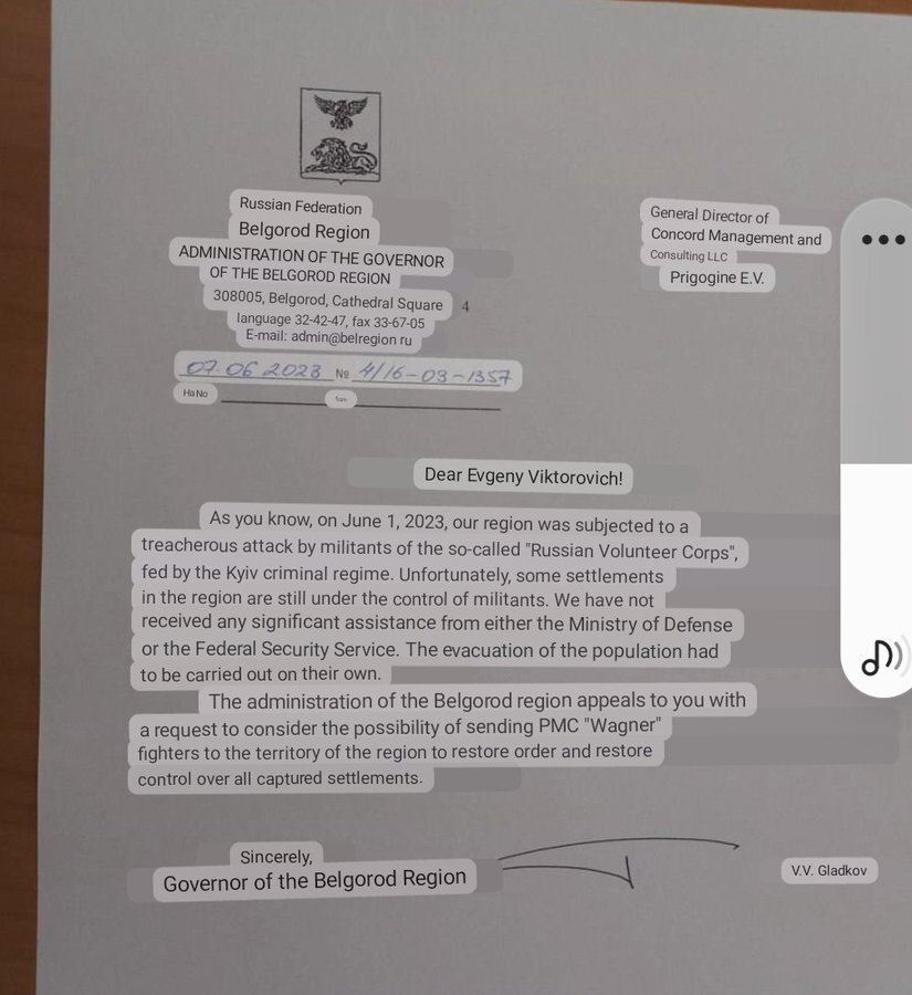 Belgorod governor wants help from Wagner in dealing with the Russian Volunteer Corps, who have invaded and are doing whatever they want.  The FSB and regular army are no help.