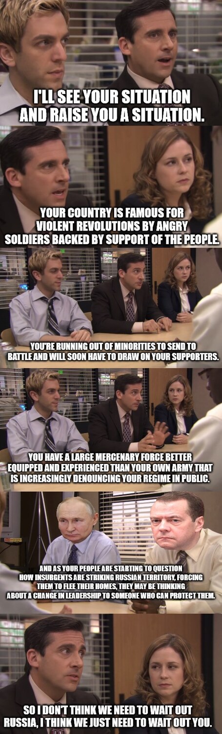 Stills from 'The Office' where the main characters tell the management (Russia) that they're totally screwed.