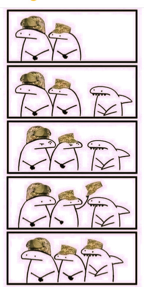 Cartoon soldiers see a shark, are first suspicious, then give shark a hat.