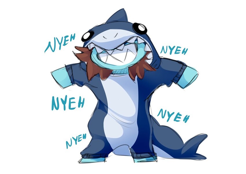 Cartoonish figure in a shark costume says 'Nyeh'