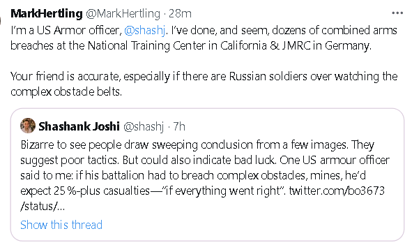 Mark Hertling offers perspective on Ukrainian losses: US armor officer said if his battalion had to breach complex obstacles, he'd expect 25%-plus casualties, if everything went right.