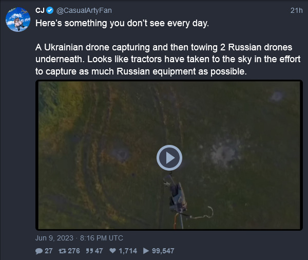 A Ukrainian drone capturing and then towing 2 Russian drones underneath. Tractors in the sky.