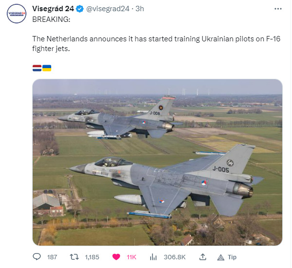Netherlands announces it has started training Ukrainian pilots on F-16 fighter jets.