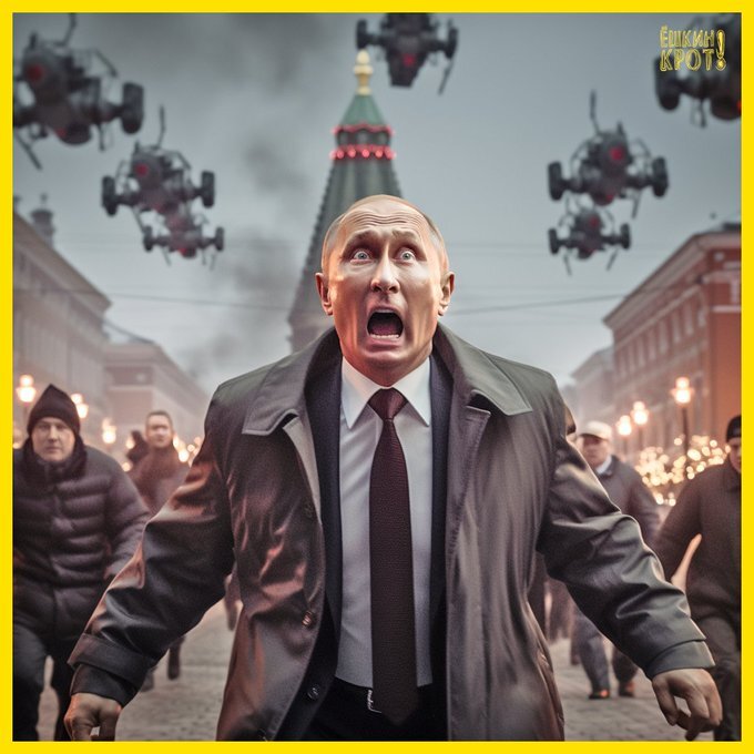 Many drones in the air over Red Square, with a screaming Putin in the foreground.