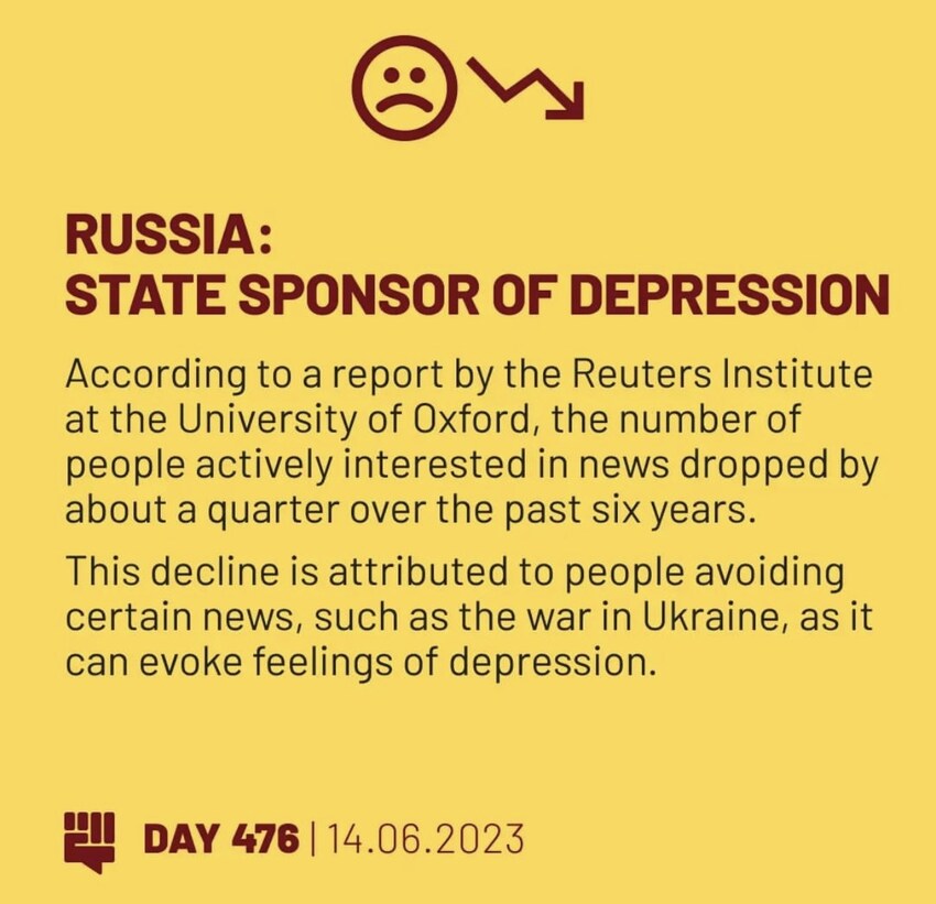 Reuters Institute at University of Oxford: The number of people actively interested in the news dropped by about 25% over the past 6 years. This decline is attributed to people avoiding certain news, such as the war in Ukraine, as it can evoke feelings of depression.