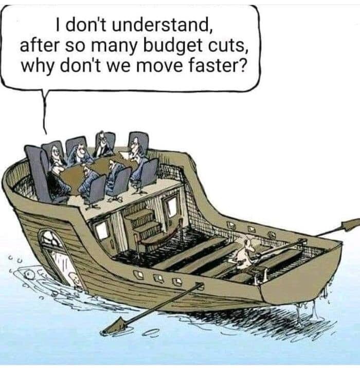 Cartoon where executives on a galley say 'I don't understand, after so many budget cuts, why don't we move faster?' There is one oarsman, the galley needs about 16.