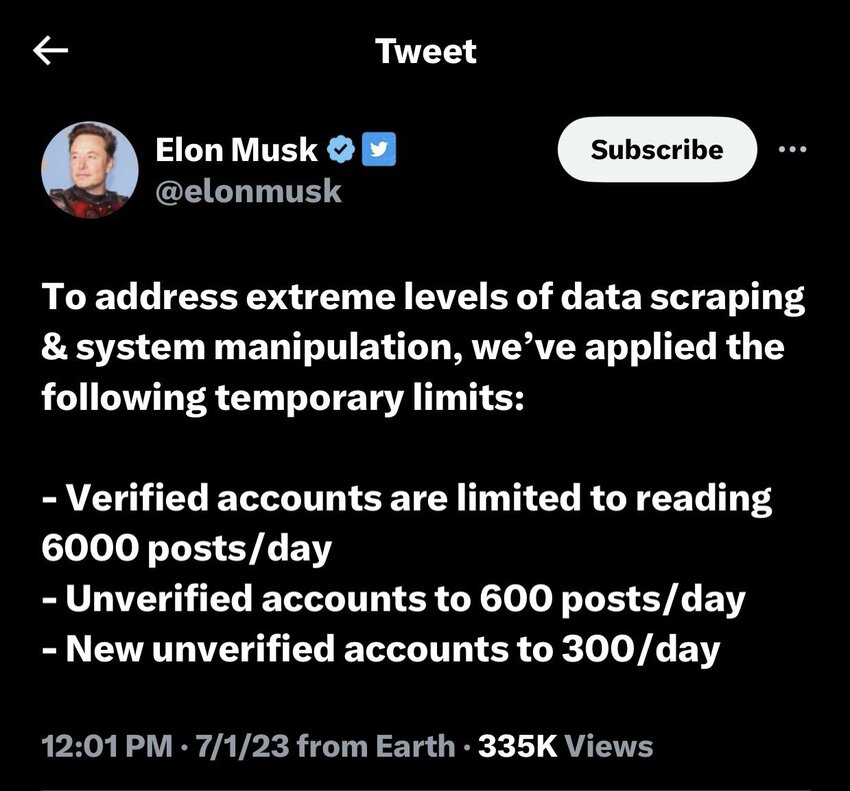 Elon Musk announces rate limits for twitter, verified accounts can read 6000 posts per day, unverified 600, new unverified 300.