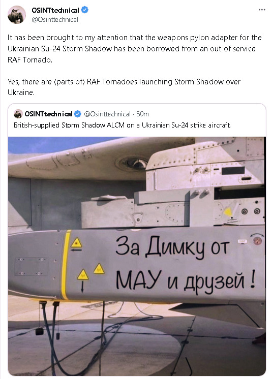The weapons pylon adapter for the Ukrainian Su-24 Storm Shadow has been borrowed from an out of service RAF Tornado. (Picture of Storm Shadow missile with 'For Dimka from UIA and friends' in Cyrillic)