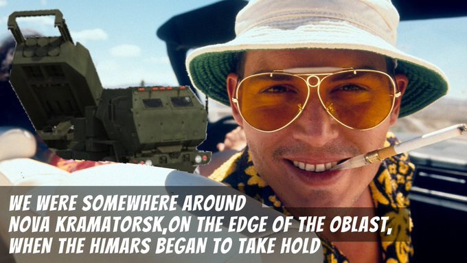 Still from 'Fear and Loathing in Las Vegas' near the beginning, Hunter Thompson says, 'We were somewhere around Nava Kramatorsk, on the edge of the oblast, when the HIMARS began to take hold.'